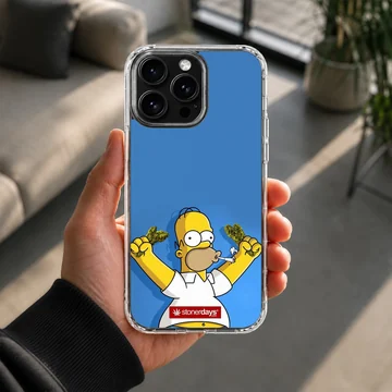 Animated yellow cartoon character holding green buds against a bright blue background phone case — Lifestyle