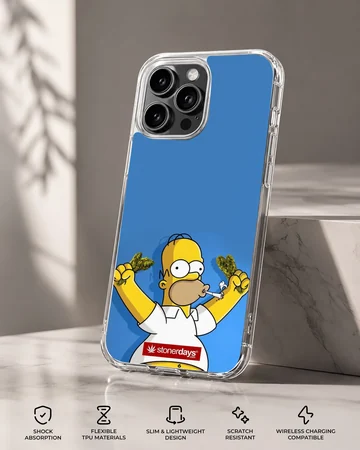 Animated yellow cartoon character holding green buds against a bright blue background phone case — Specs