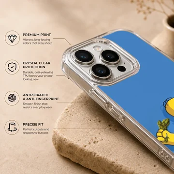 Animated yellow cartoon character holding green buds against a bright blue background phone case — Info