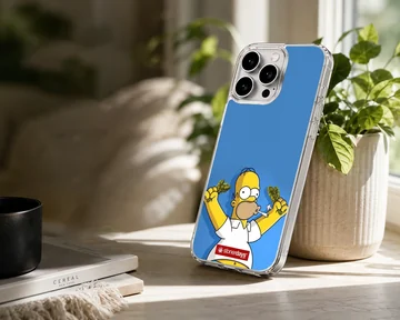 Animated yellow cartoon character holding green buds against a bright blue background phone case — Lifestyle