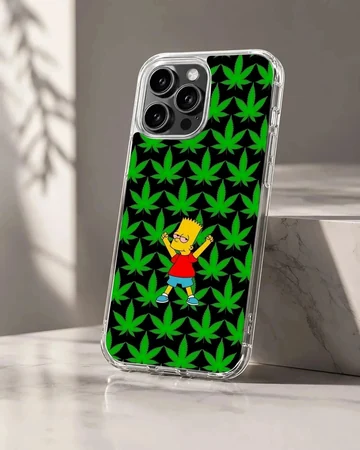Cartoon weed pattern phone case with vibrant green leaves and a yellow cartoon character against a black background phone case