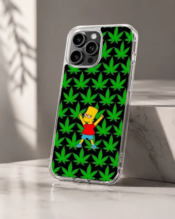 Cartoon weed pattern phone case with vibrant green leaves and a yellow cartoon character against a black background phone case — Hero