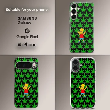 Cartoon weed pattern phone case with vibrant green leaves and a yellow cartoon character against a black background phone case — Collage