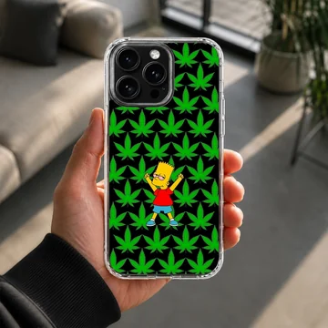 Cartoon weed pattern phone case with vibrant green leaves and a yellow cartoon character against a black background phone case — Lifestyle