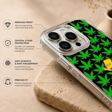 Cartoon weed pattern phone case with vibrant green leaves and a yellow cartoon character against a black background phone case — Info