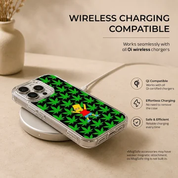 Cartoon weed pattern phone case with vibrant green leaves and a yellow cartoon character against a black background phone case — Charging