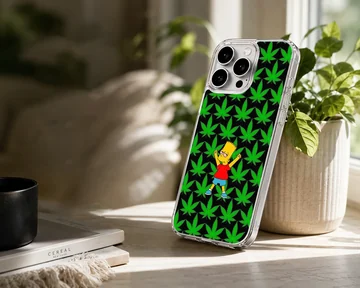 Cartoon weed pattern phone case with vibrant green leaves and a yellow cartoon character against a black background phone case — Lifestyle