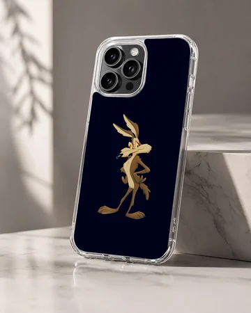A classic cartoon character coyote stands against a dark background on a phone case. — Hero