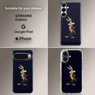 A classic cartoon character coyote stands against a dark background on a phone case. — Collage