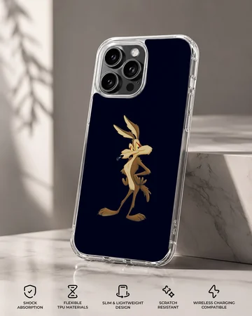 A classic cartoon character coyote stands against a dark background on a phone case. — Specs