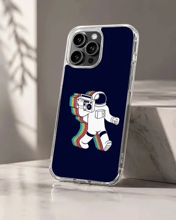 Cartoon astronaut carrying a boombox leaving a rainbow trail on a dark background phone case