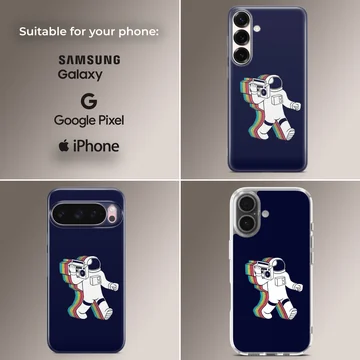 Cartoon astronaut carrying a boombox leaving a rainbow trail on a dark background phone case — Collage
