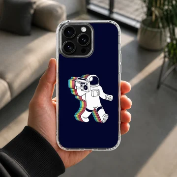 Cartoon astronaut carrying a boombox leaving a rainbow trail on a dark background phone case — Lifestyle