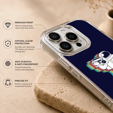 Cartoon astronaut carrying a boombox leaving a rainbow trail on a dark background phone case — Info