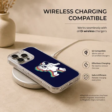 Cartoon astronaut carrying a boombox leaving a rainbow trail on a dark background phone case — Charging