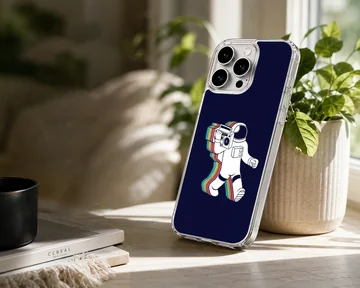 Cartoon astronaut carrying a boombox leaving a rainbow trail on a dark background phone case — Lifestyle