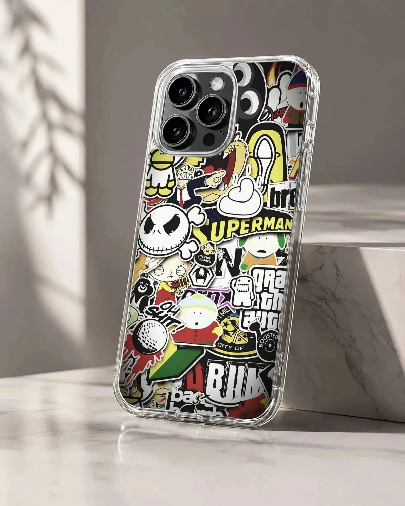 A dense collage of colorful cartoon and graffiti stickers printed on a phone case