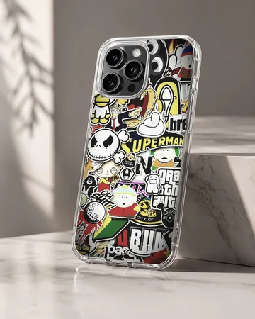 A dense collage of colorful cartoon and graffiti stickers printed on a phone case — Hero