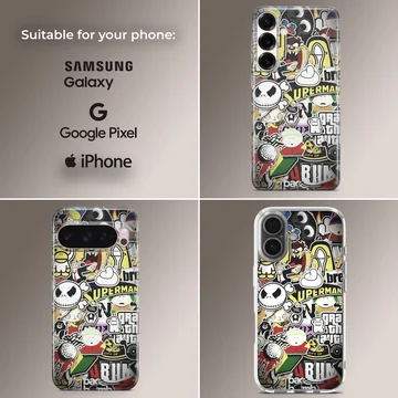 A dense collage of colorful cartoon and graffiti stickers printed on a phone case — Collage