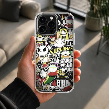 A dense collage of colorful cartoon and graffiti stickers printed on a phone case — Lifestyle
