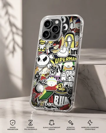 A dense collage of colorful cartoon and graffiti stickers printed on a phone case — Specs