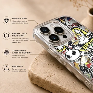 A dense collage of colorful cartoon and graffiti stickers printed on a phone case — Info