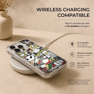 A dense collage of colorful cartoon and graffiti stickers printed on a phone case — Charging