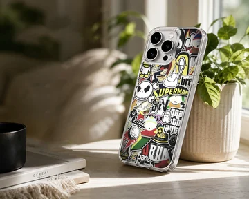 A dense collage of colorful cartoon and graffiti stickers printed on a phone case — Lifestyle