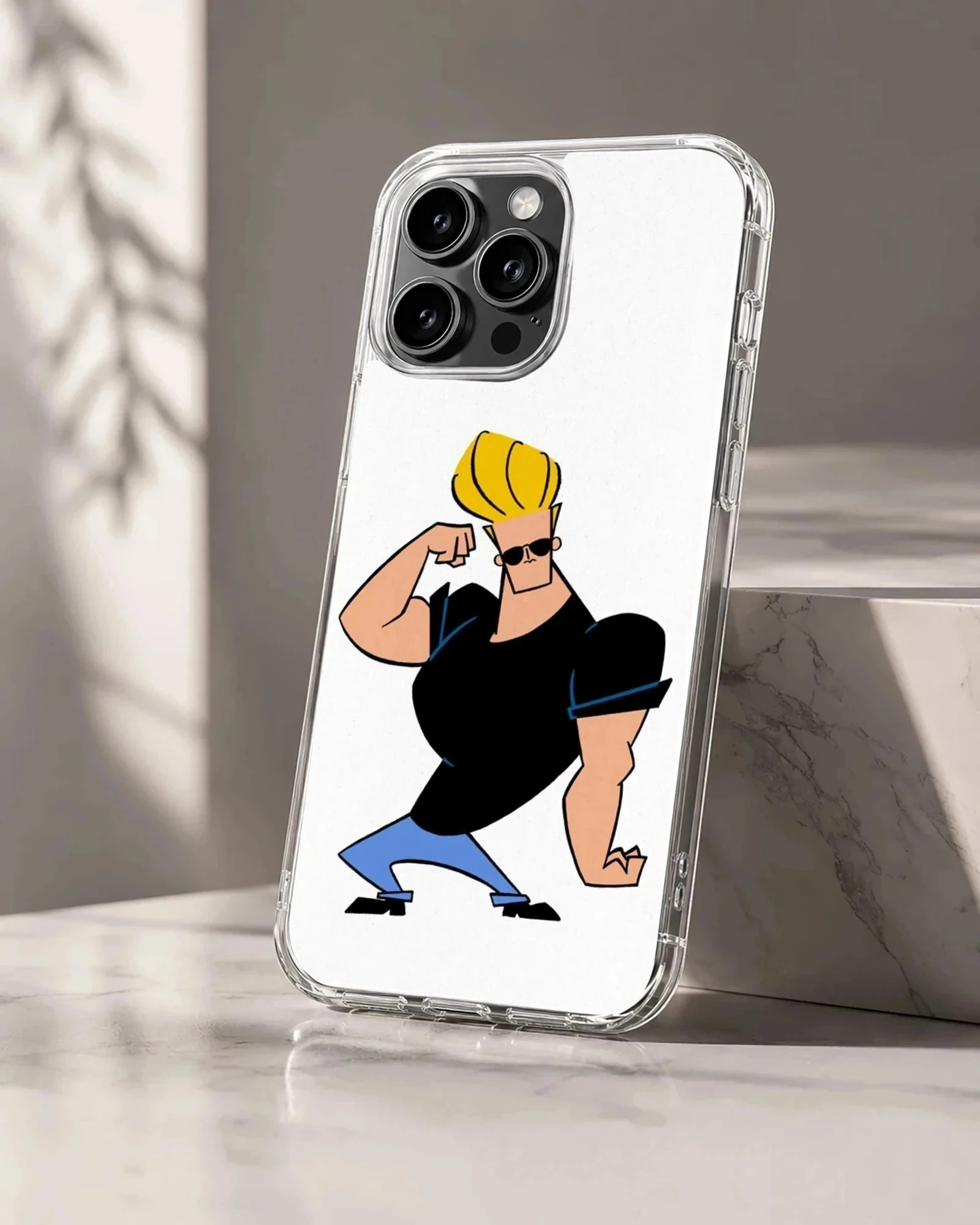 Cartoon character with sunglasses and big blonde hair flexing muscles phone case