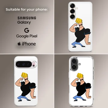 Cartoon character with sunglasses and big blonde hair flexing muscles phone case — Collage