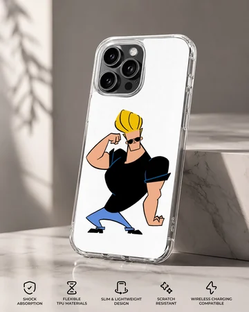 Cartoon character with sunglasses and big blonde hair flexing muscles phone case — Specs