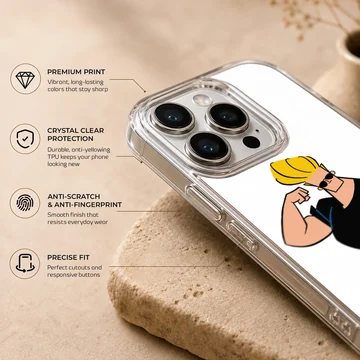 Cartoon character with sunglasses and big blonde hair flexing muscles phone case — Info
