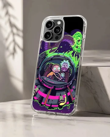 Cartoon illustration of two characters riding in a futuristic spaceship with neon green portals on a phone case