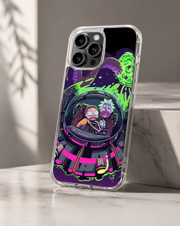 Cartoon illustration of two characters riding in a futuristic spaceship with neon green portals on a phone case — Hero