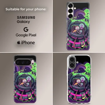 Cartoon illustration of two characters riding in a futuristic spaceship with neon green portals on a phone case — Collage