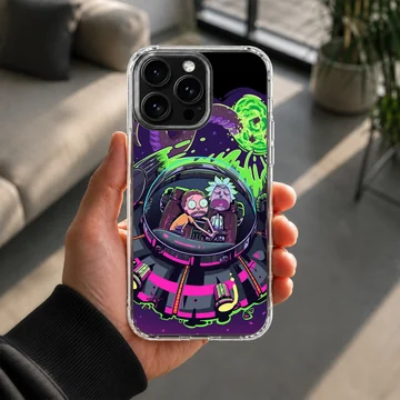Cartoon illustration of two characters riding in a futuristic spaceship with neon green portals on a phone case — Lifestyle