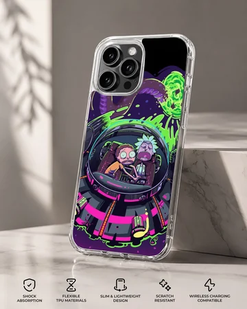 Cartoon illustration of two characters riding in a futuristic spaceship with neon green portals on a phone case — Specs
