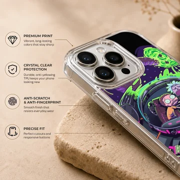 Cartoon illustration of two characters riding in a futuristic spaceship with neon green portals on a phone case — Info