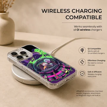Cartoon illustration of two characters riding in a futuristic spaceship with neon green portals on a phone case — Charging