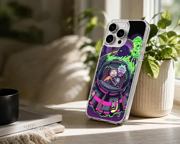 Cartoon illustration of two characters riding in a futuristic spaceship with neon green portals on a phone case — Lifestyle