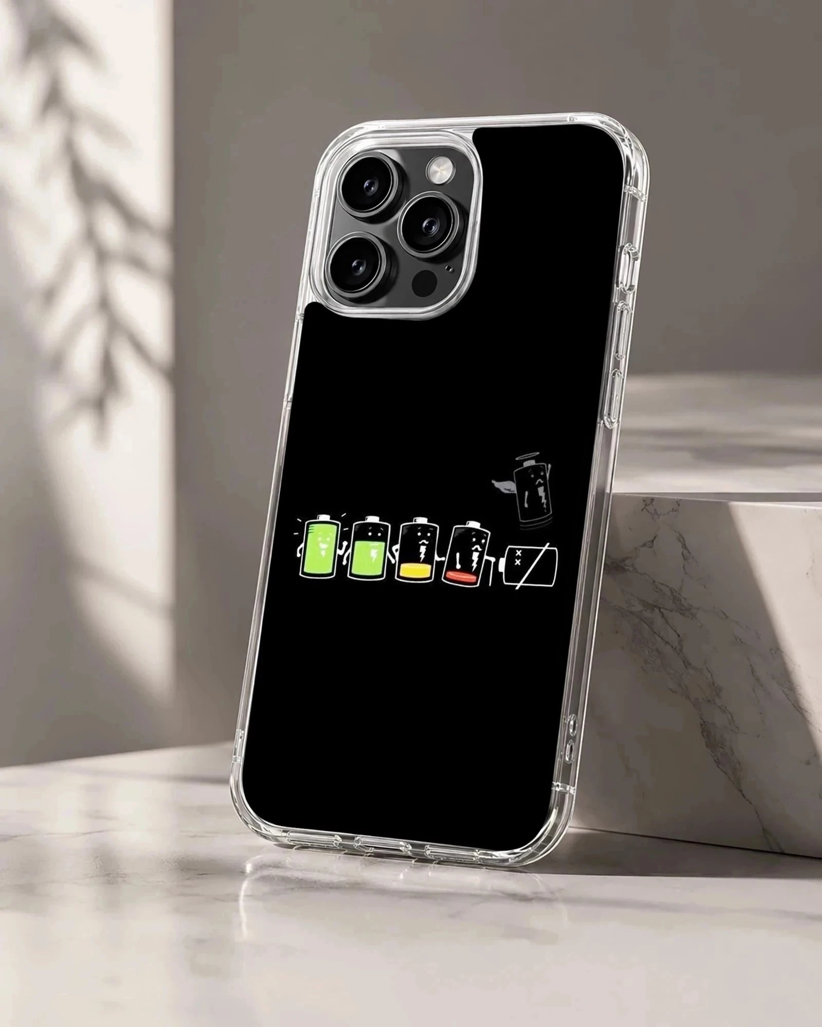 A graphic illustration of cartoon batteries showing declining power levels against a solid black background on a phone case