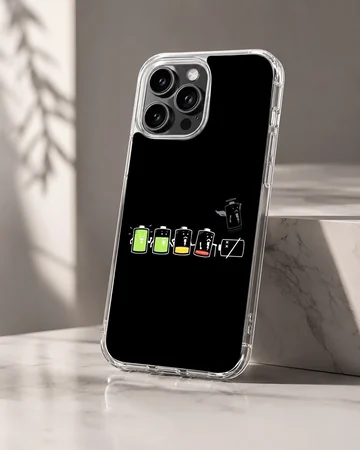 A graphic illustration of cartoon batteries showing declining power levels against a solid black background on a phone case — Hero