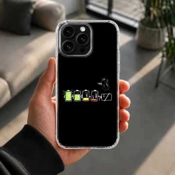A graphic illustration of cartoon batteries showing declining power levels against a solid black background on a phone case — Lifestyle