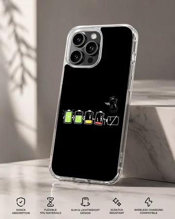 A graphic illustration of cartoon batteries showing declining power levels against a solid black background on a phone case — Specs