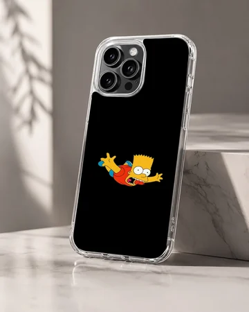 Cartoon character diving headfirst against a solid black background on a phone case — Hero