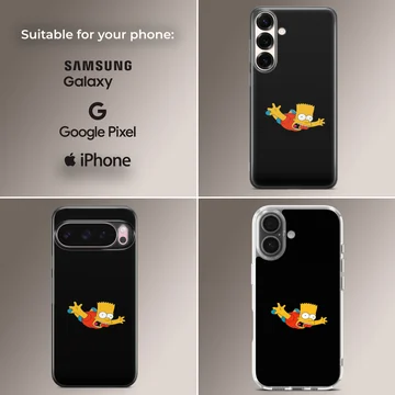 Cartoon character diving headfirst against a solid black background on a phone case — Collage