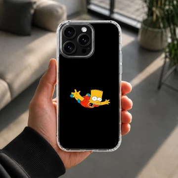 Cartoon character diving headfirst against a solid black background on a phone case — Lifestyle