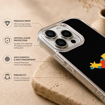 Cartoon character diving headfirst against a solid black background on a phone case — Info