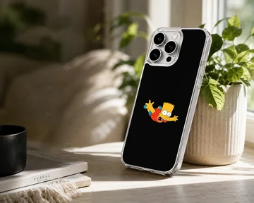 Cartoon character diving headfirst against a solid black background on a phone case — Lifestyle