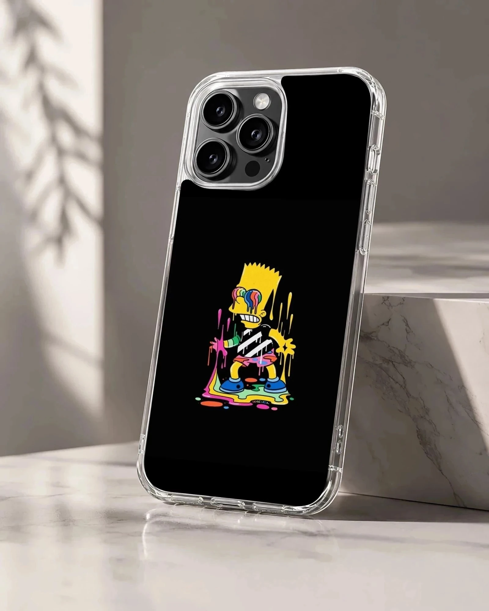 A stylized cartoon character with melting rainbow colors against a solid black background on a phone case